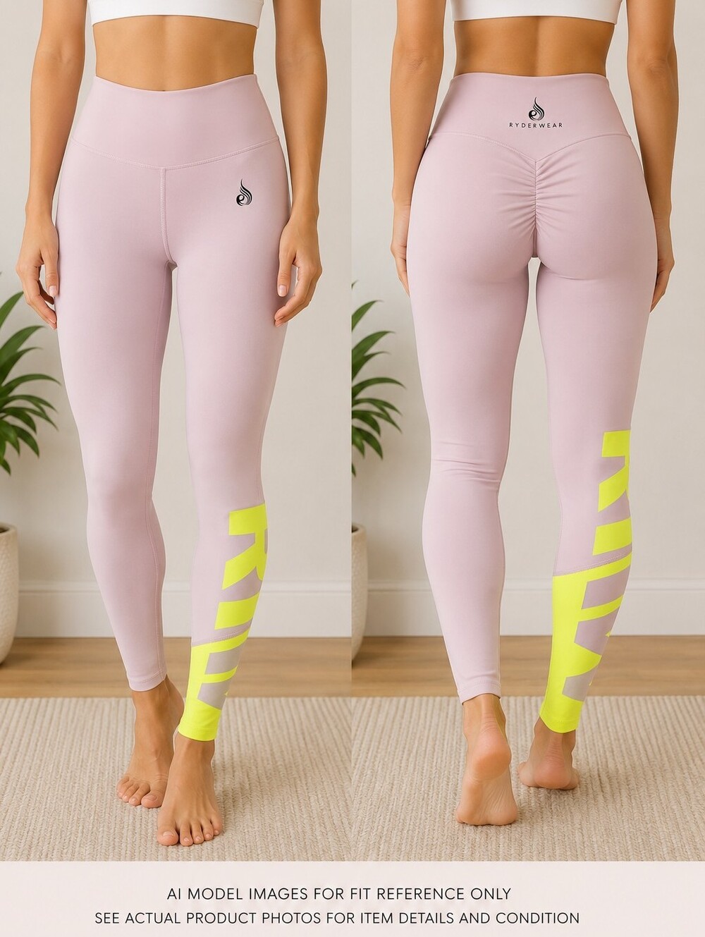Ryderwear Pink Neon Yellow Logo Leggings Size Small Scrunch Butt Activewear